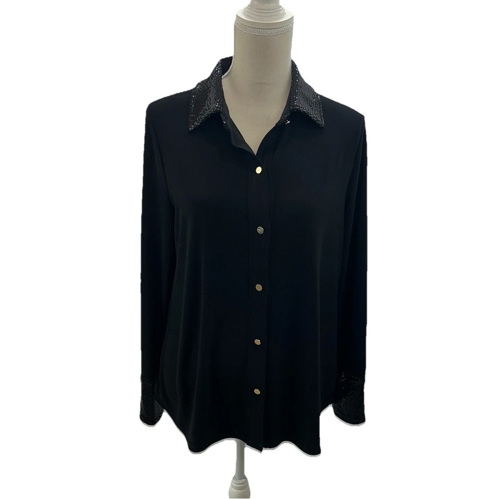 Anne Klein Black Dress Shirt Size Medium Sequins Collar Cuffs Cocktail